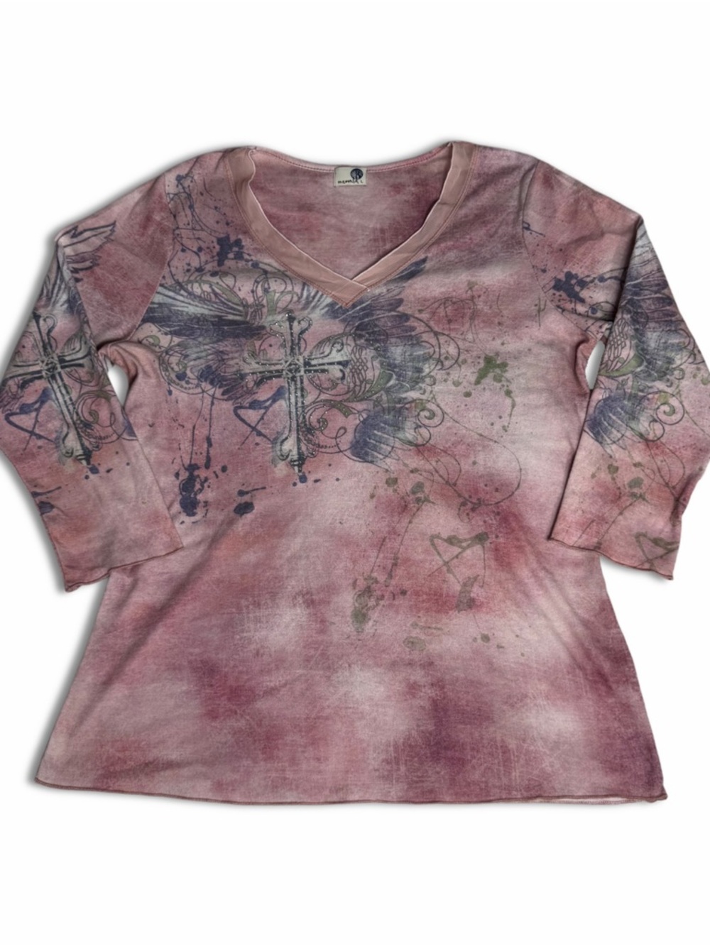 Oneworld Y2K Pink Fairy Grunge Graphic Cross Top with Rhinestones